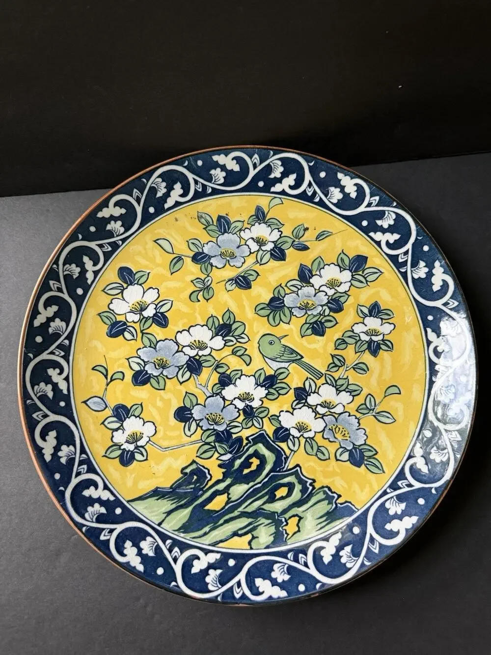 Vintage Handpainted Japanese Serving Plate Flowers Bird Yellow Blue Asian